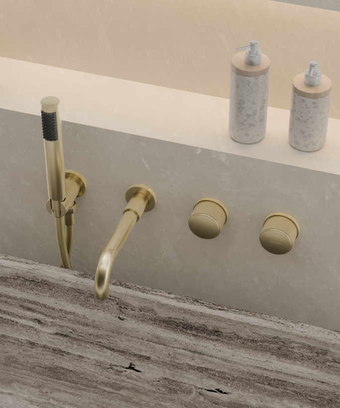 Concealed bath mixer set with hand shower brushed gold - Leros