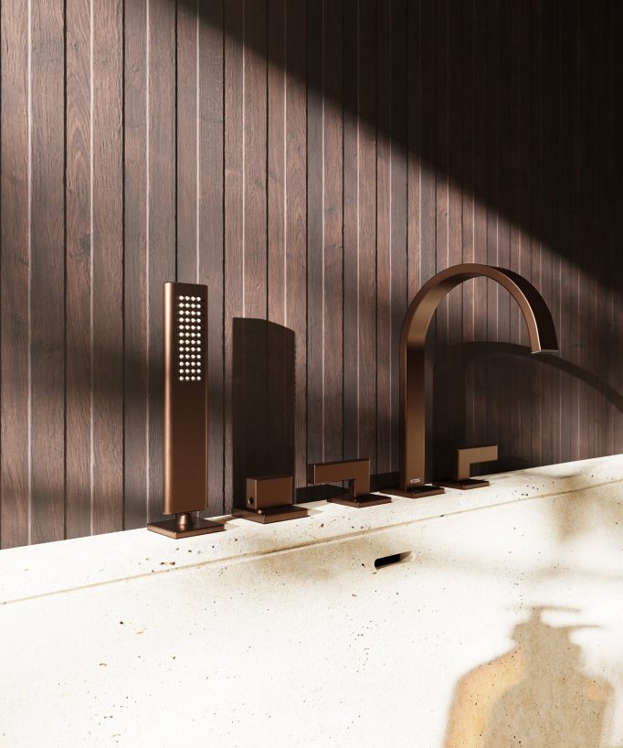 5-hole deck-mounted bath mixer set brushed rose gold - Fiumina