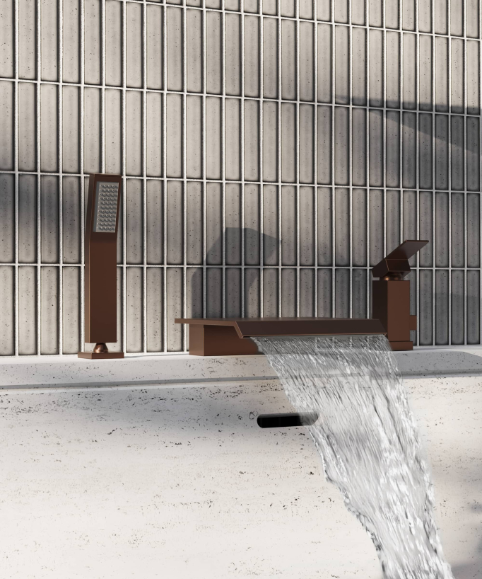 3-hole deck-mounted waterfall bath mixer brushed rose gold - Sirius