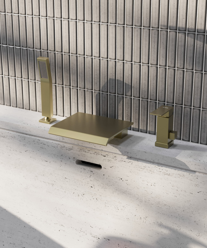 3-hole deck-mounted waterfall bath mixer brushed gold - Sirius