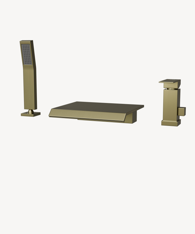 3-hole deck-mounted waterfall bath mixer brushed gold - Sirius