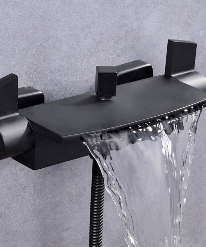 Wall-Mounted Bath-Shower Mixer Tap, Waterfall - Black