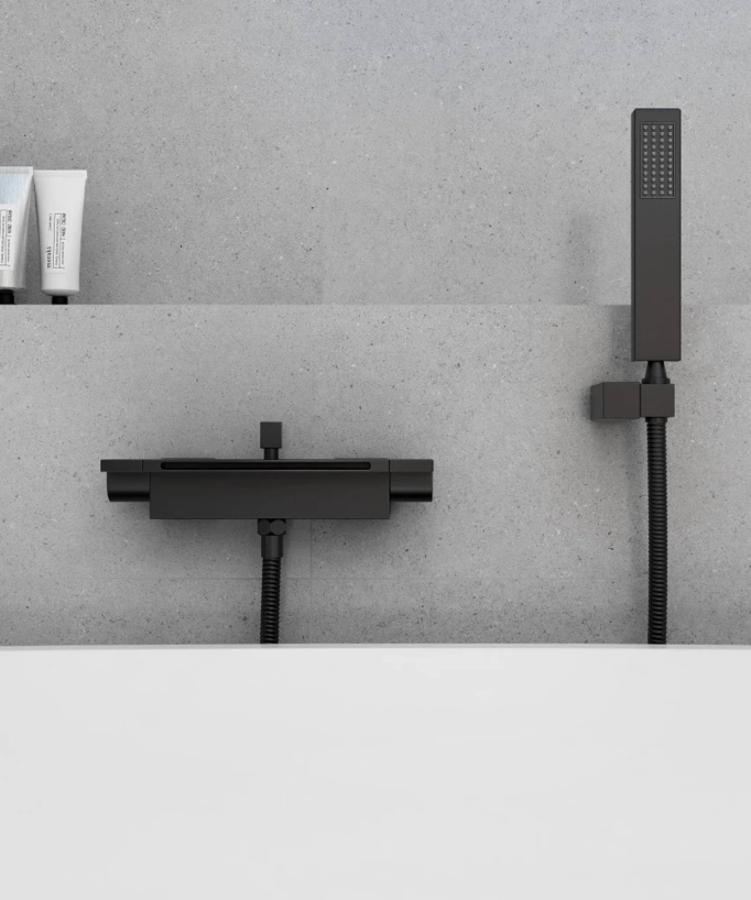 Wall-Mounted Bath-Shower Mixer Tap, Waterfall - Black