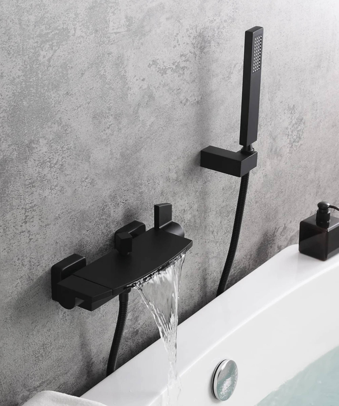 Wall-Mounted Bath-Shower Mixer Tap, Waterfall - Black