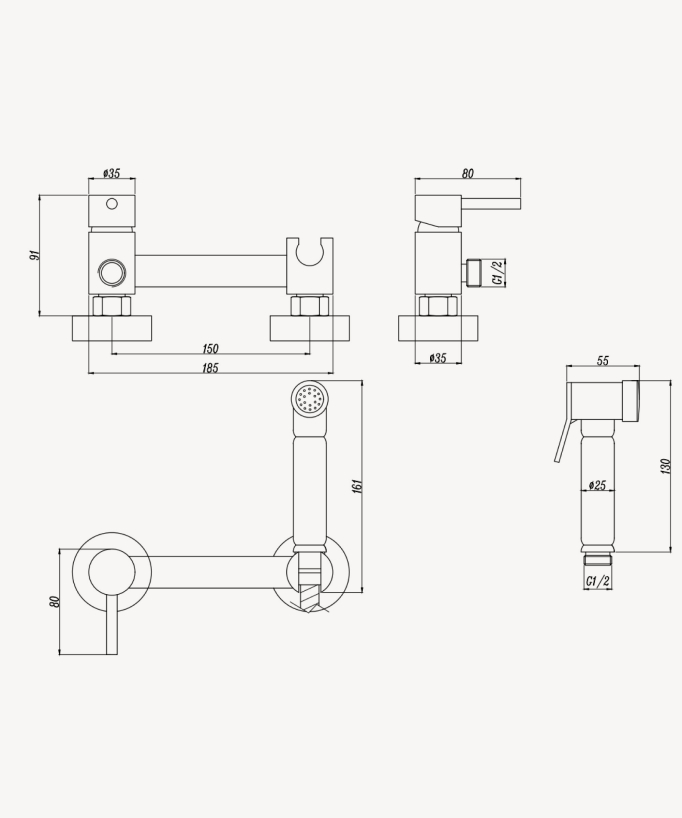 2-Hole Wall-Mounted Concealed Bidet Shower Mixer Kit - Chrome