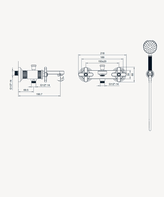 Wall-mounted bath mixer with diverter & hand shower – Hera