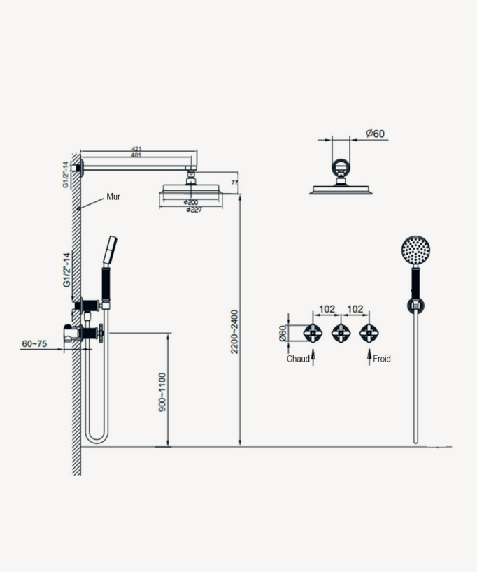 Concealed Shower Pack - Brushed Gold - Mixer, Rain Head & Hand Shower - Hera