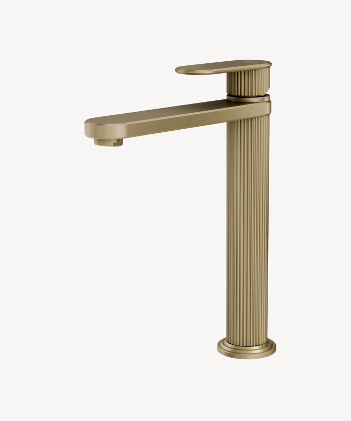 Mitigeur vasque à poser avec un corps strié et un bec long plat