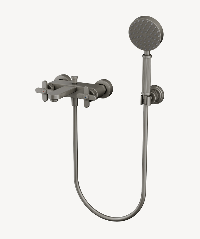 Wall-mounted bath mixer with diverter & hand shower – Hera