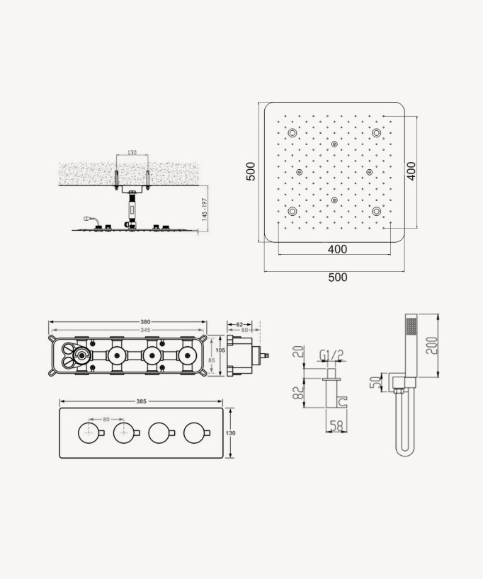 Ceiling-Concealed Thermostatic LED Shower Set