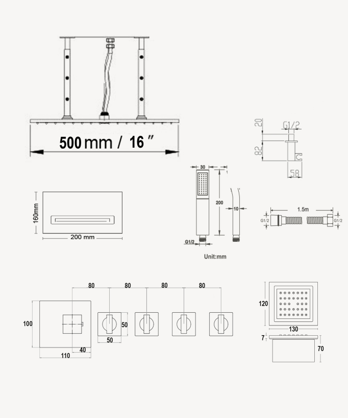 Wellness Thermostatic Rain Shower System with Body Jets - Sirius