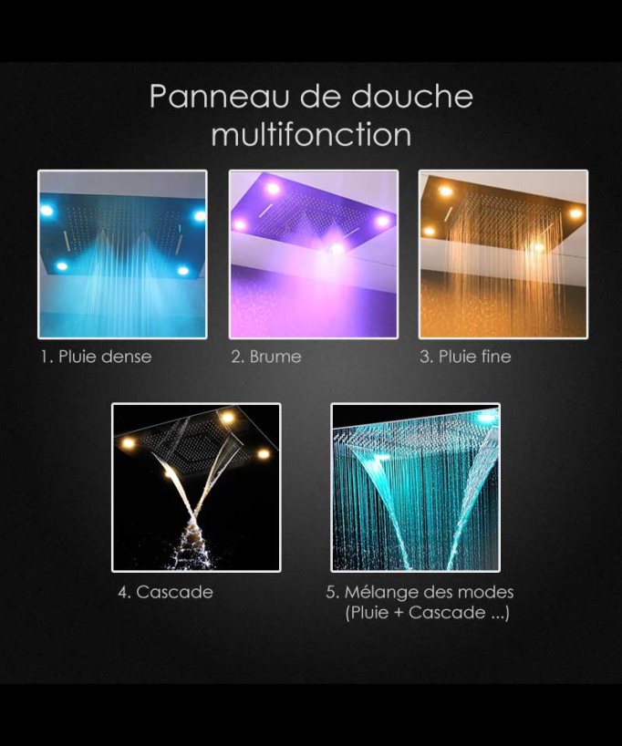 Thermostatic Shower Set with LED Rain Shower and Chromotherapy - 80x60 cm