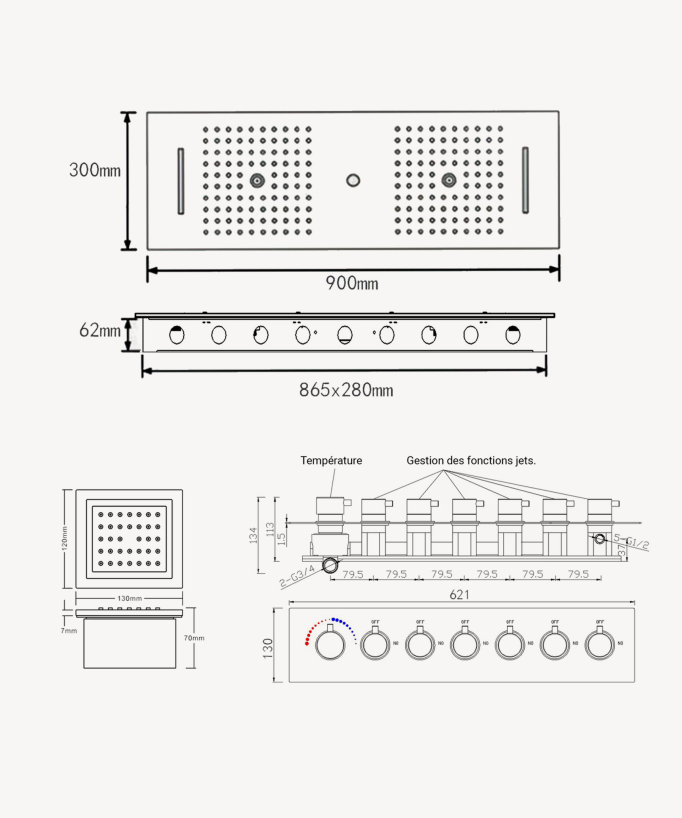 Modern Thermostatic Shower Set - 900x300 mm LED Rain Shower, 3 Body Jets
