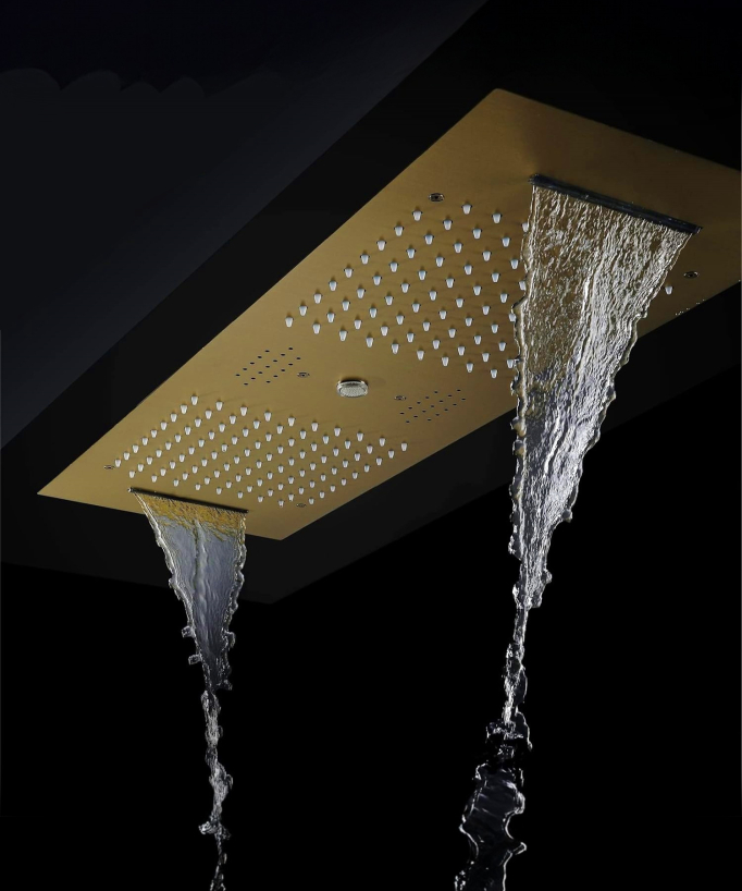 Modern Thermostatic Shower Set - Brushed Gold - 900x300 mm LED Rain Shower, 3 Body Jets