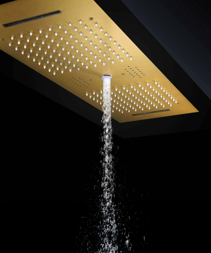 Modern Thermostatic Shower Set - Brushed Gold - 900x300 mm LED Rain Shower, 3 Body Jets