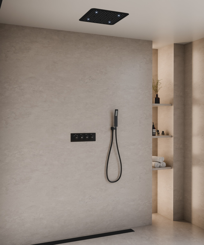 Black Ceiling-Concealed Thermostatic Shower Set with LED