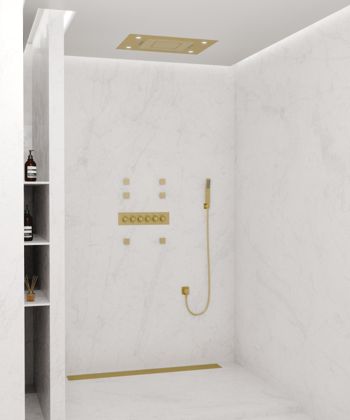 Multifunction Thermostatic LED Shower Set - Brushed Gold - 600x800 mm
