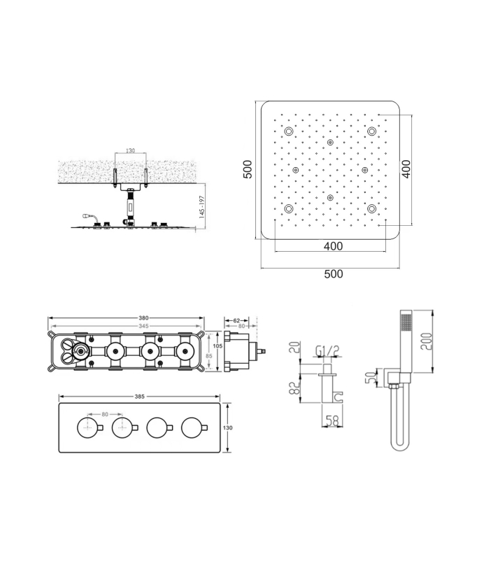 Ceiling-Concealed Thermostatic LED Shower Set - Brushed Gold