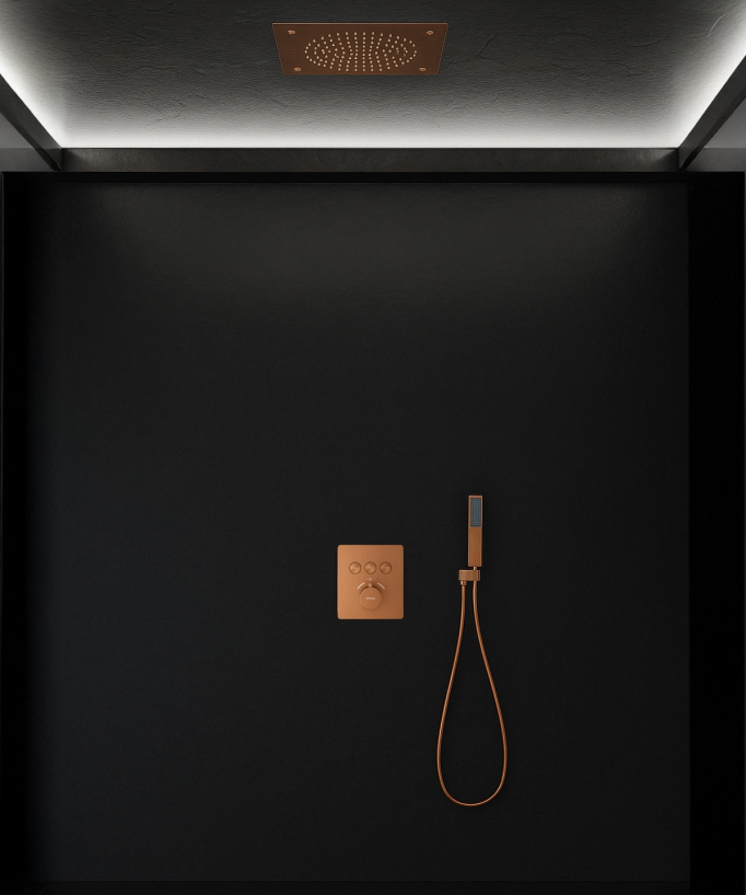 Concealed thermostatic shower set with ceiling-mounted LED rainfall head (brushed rose gold) – Sirius