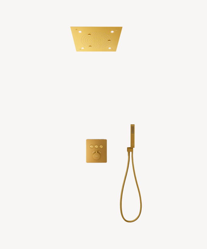 Concealed thermostatic shower set with ceiling-mounted LED rainfall head (brushed gold) – Sirius