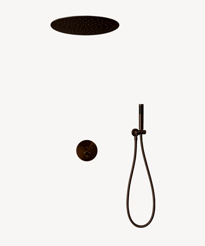 Concealed thermostatic shower set with round built-in head (brushed mocha)