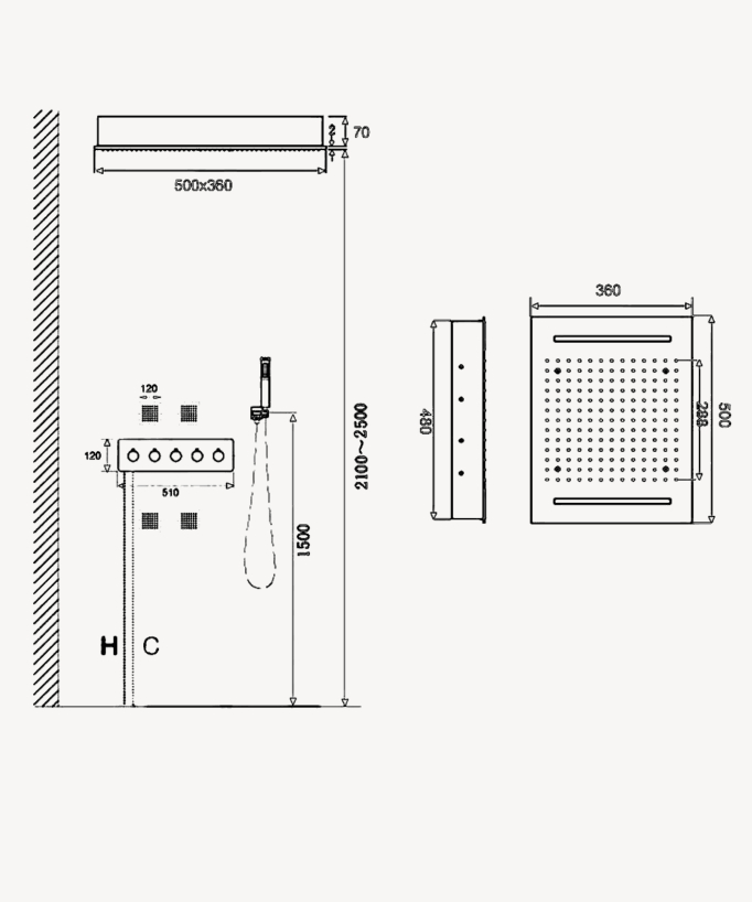 Chrome Ceiling-Mounted Concealed Thermostatic Shower Kit with LED and Massaging Jet