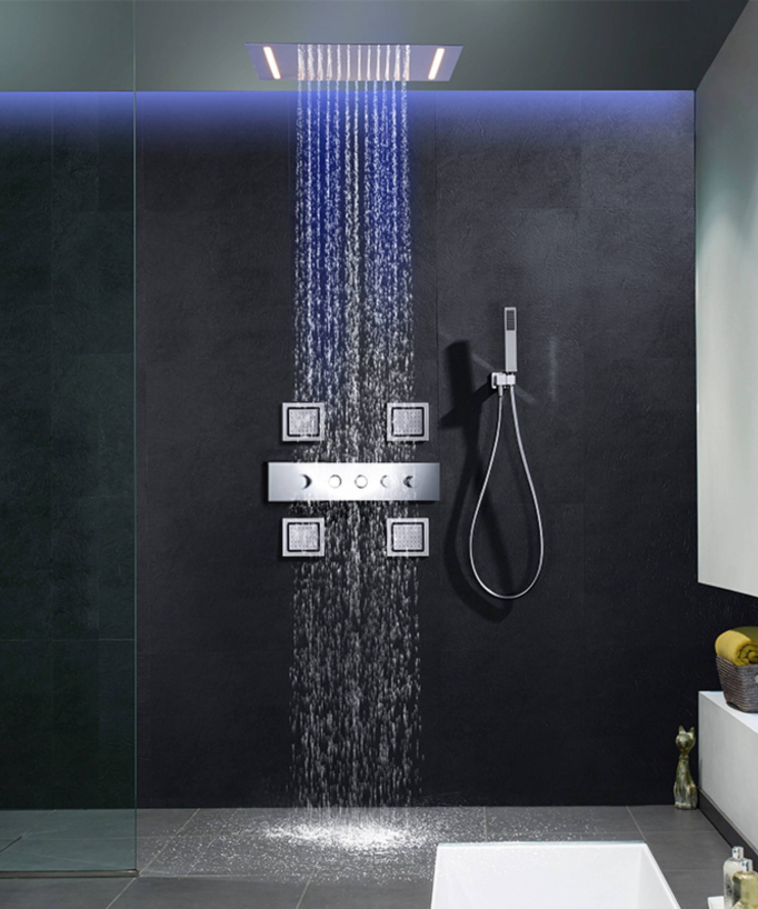 Chrome Ceiling-Mounted Concealed Thermostatic Shower Kit with LED and Massaging Jet