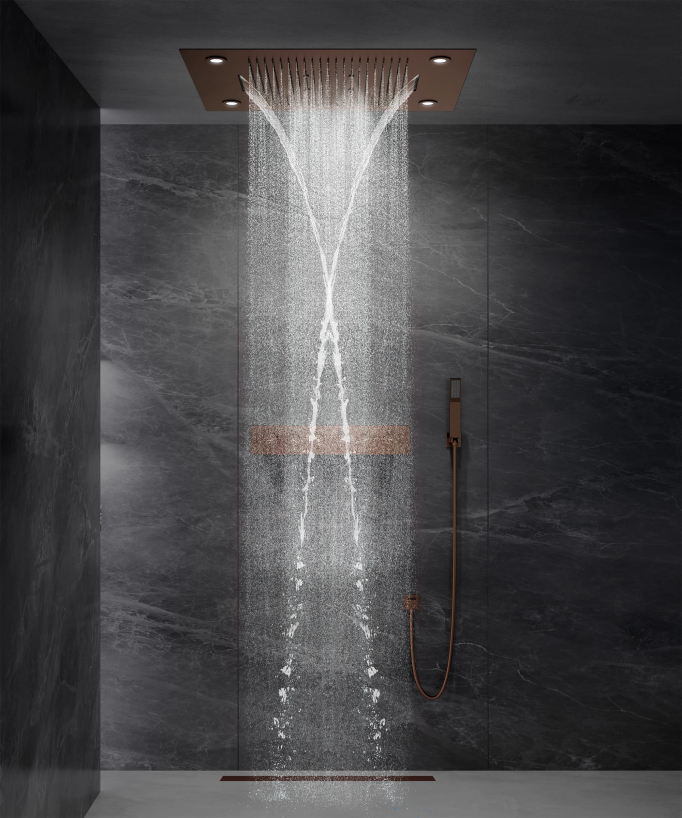 Thermostatic Shower Set with LED Rain Shower and Chromotherapy - 80x60 cm - Brushed Rose Gold