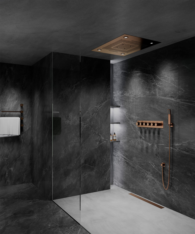 Thermostatic Shower Set with LED Rain Shower and Chromotherapy - 80x60 cm - Brushed Rose Gold