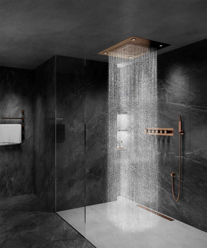 Thermostatic Shower Set with LED Rain Shower and Chromotherapy - 80x60 cm - Brushed Rose Gold