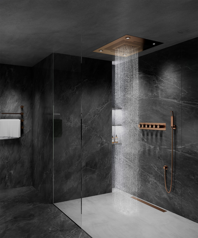 Thermostatic Shower Set with LED Rain Shower and Chromotherapy - 80x60 cm - Brushed Rose Gold