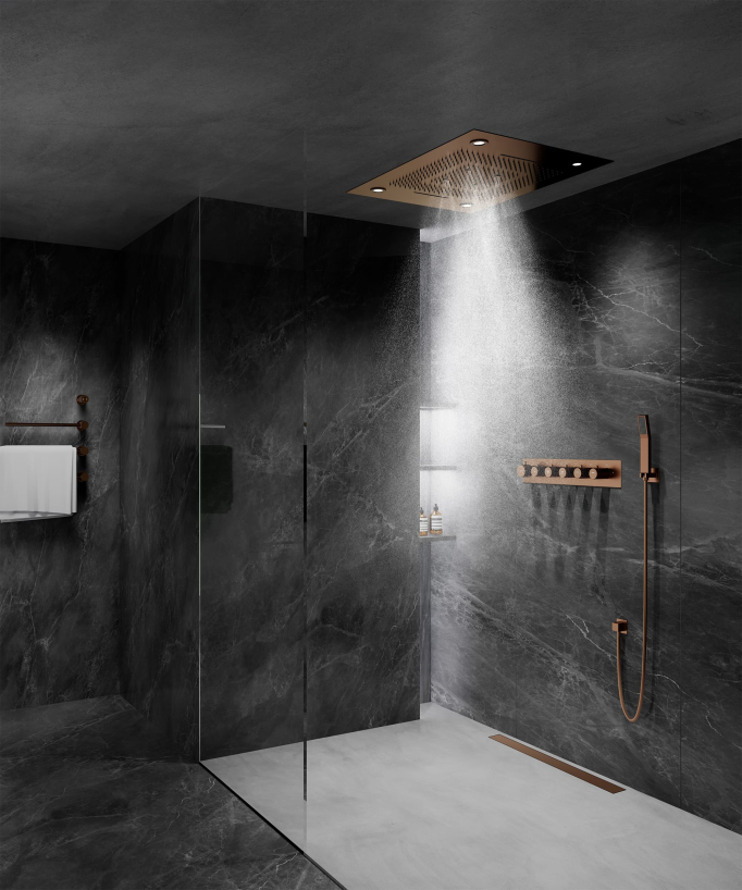Thermostatic Shower Set with LED Rain Shower and Chromotherapy - 80x60 cm - Brushed Rose Gold