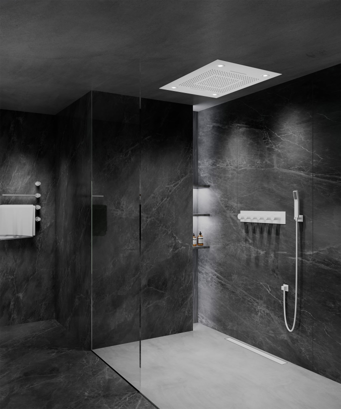 Thermostatic Shower Set with LED Rain Shower and Chromotherapy - 80x60 cm - White
