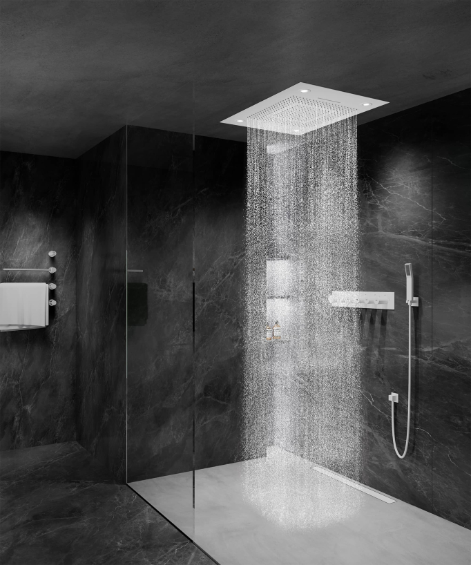 Thermostatic Shower Set with LED Rain Shower and Chromotherapy - 80x60 cm - White