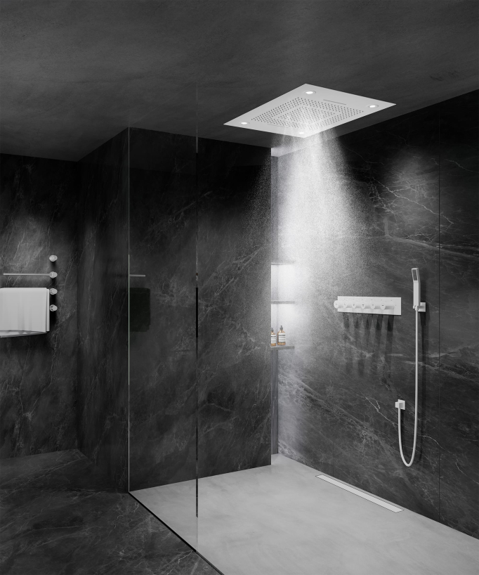 Thermostatic Shower Set with LED Rain Shower and Chromotherapy - 80x60 cm - White