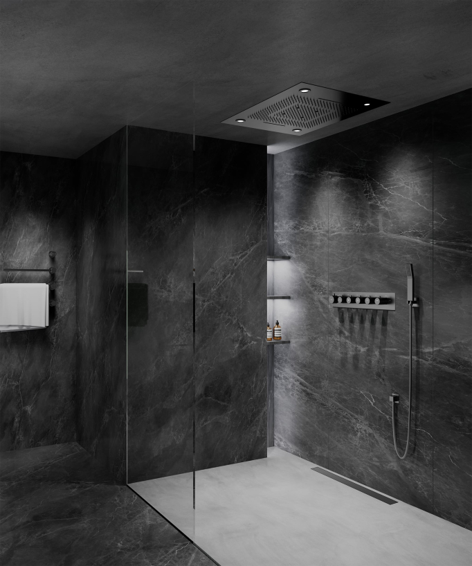Thermostatic Shower Set with LED Rain Shower and Chromotherapy - 80x60 cm - Gunmetal
