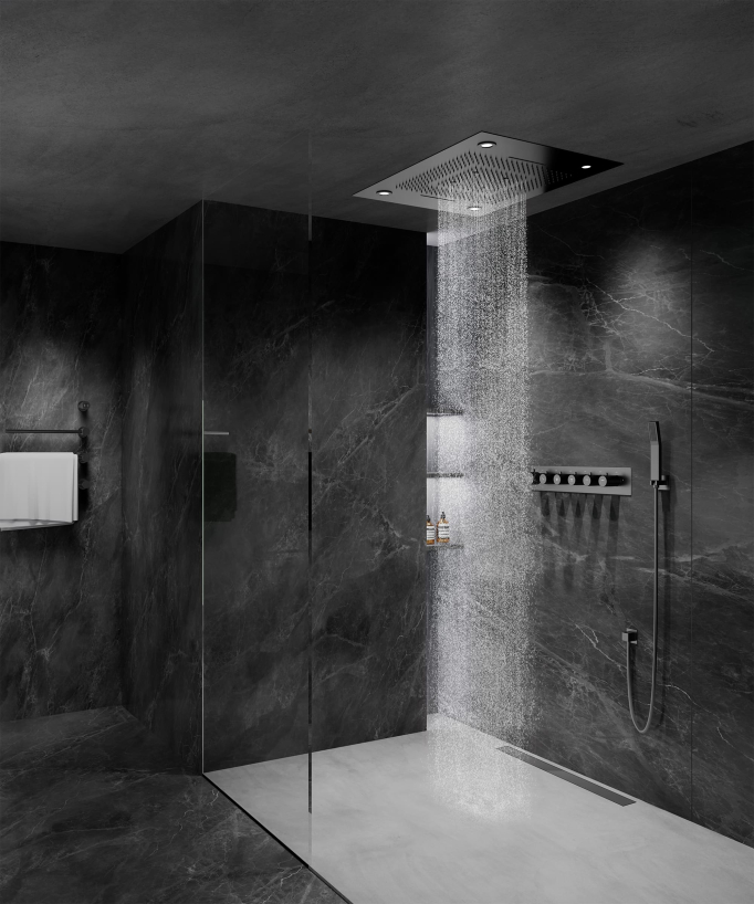 Thermostatic Shower Set with LED Rain Shower and Chromotherapy - 80x60 cm - Gunmetal