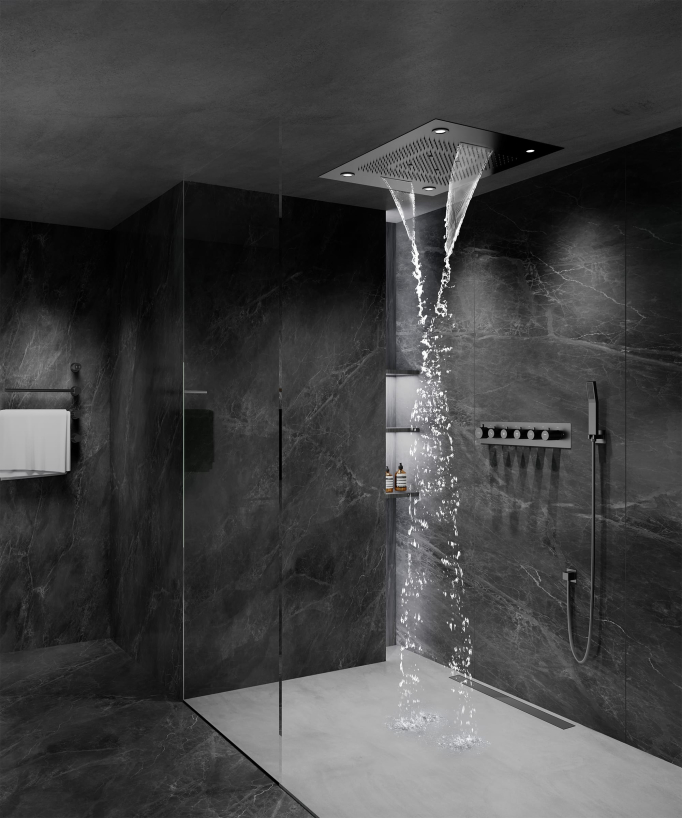 Thermostatic Shower Set with LED Rain Shower and Chromotherapy - 80x60 cm - Gunmetal