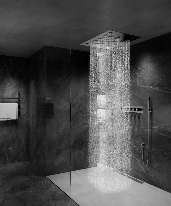 Thermostatic Shower Set with LED Rain Shower and Chromotherapy - 80x60 cm - Gunmetal