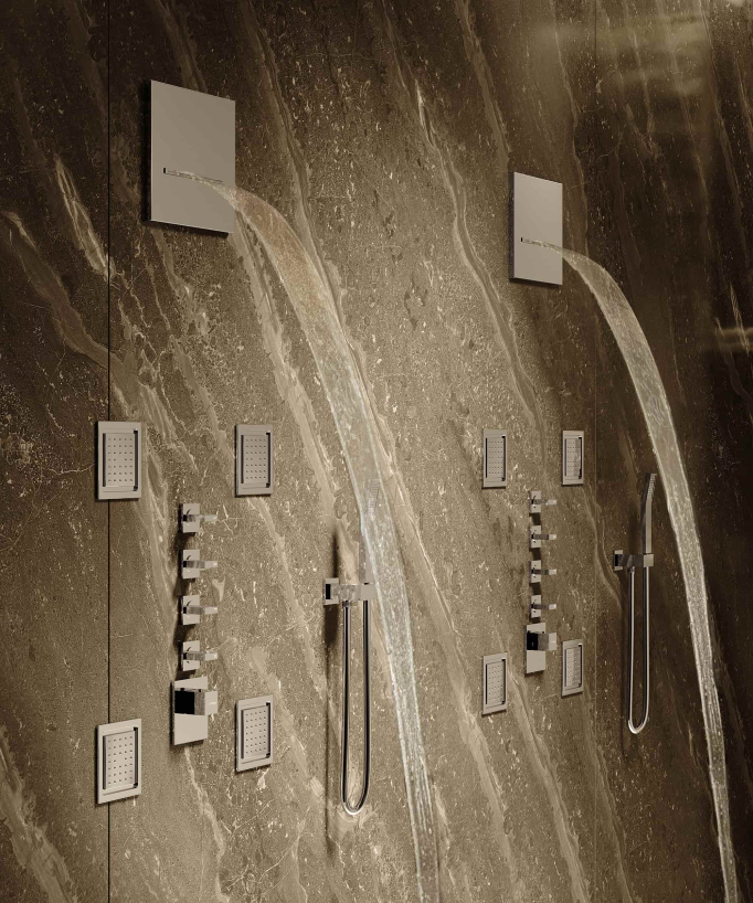 Thermostatic rain-shower set with body jets & wall waterfall (chrome) – Sirius