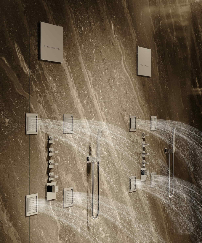 Thermostatic rain-shower set with body jets & wall waterfall (chrome) – Sirius