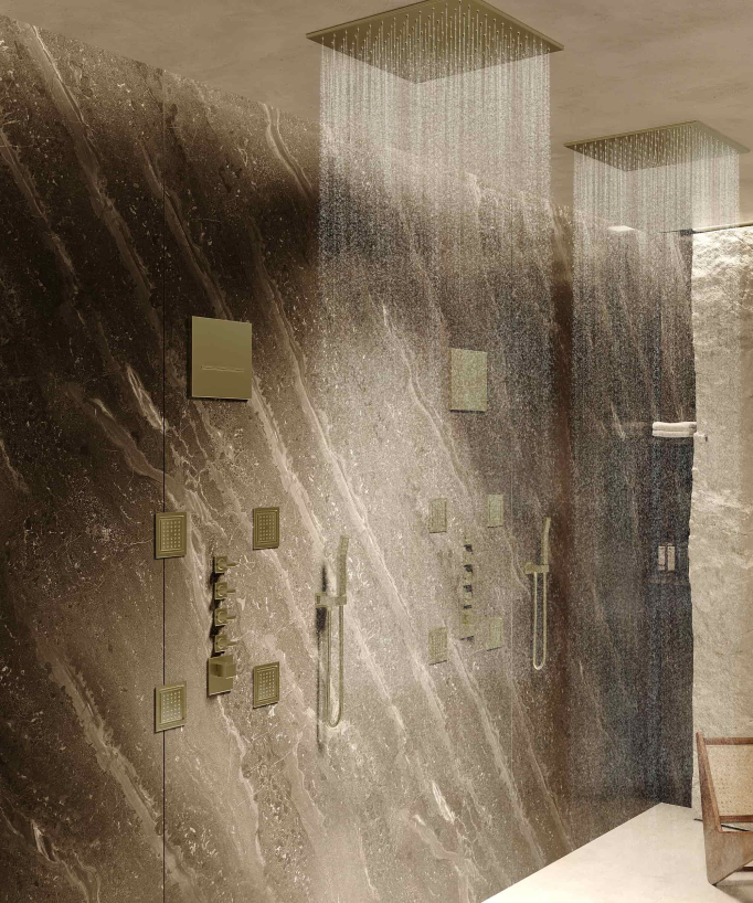 Thermostatic rain-shower set with body jets & wall waterfall (brushed gold) – Sirius