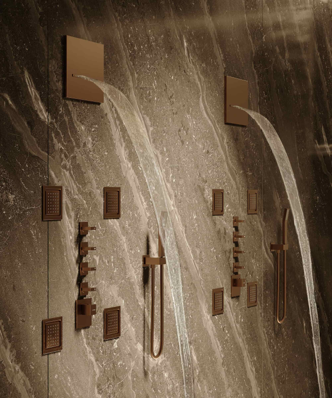 Thermostatic rain-shower set with body jets & wall waterfall (brushed rose gold) – Sirius