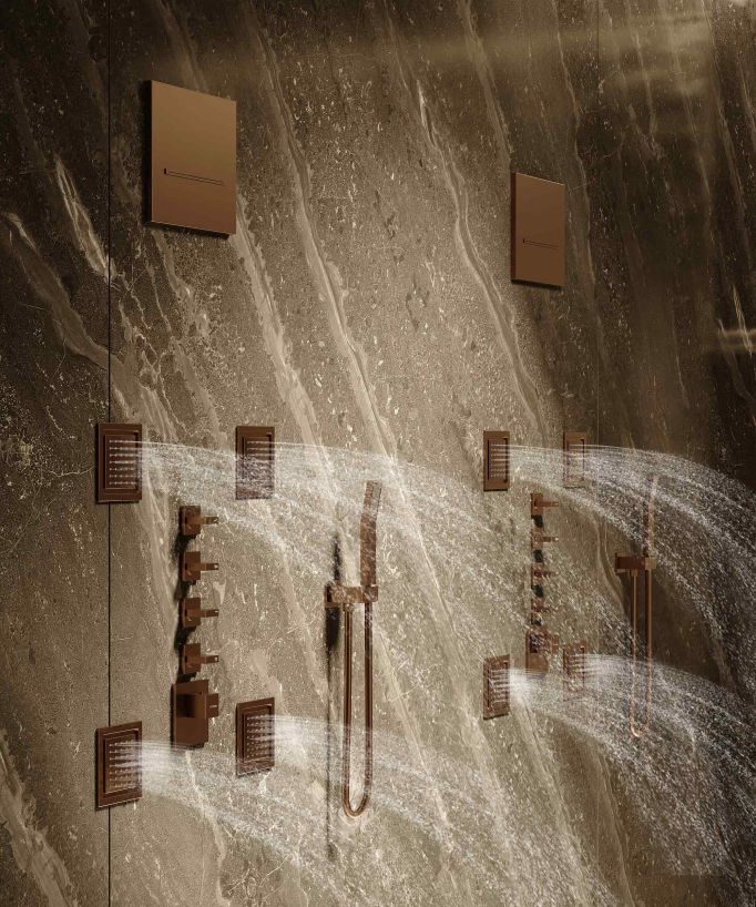 Thermostatic rain-shower set with body jets & wall waterfall (brushed rose gold) – Sirius