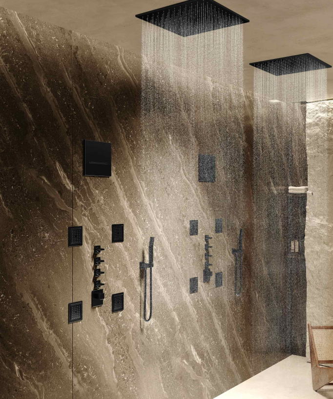 Thermostatic Rain Shower Set with Body Jets - Matte Black - Sirius