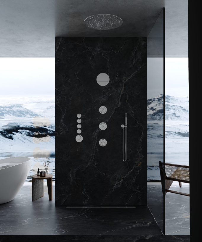 Round Thermostatic Rain Shower Set with Body Jets - Chrome - Corbeau