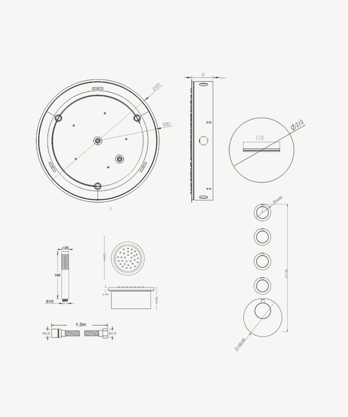 Round Thermostatic Rain Shower Set with Body Jets - Chrome - Corbeau