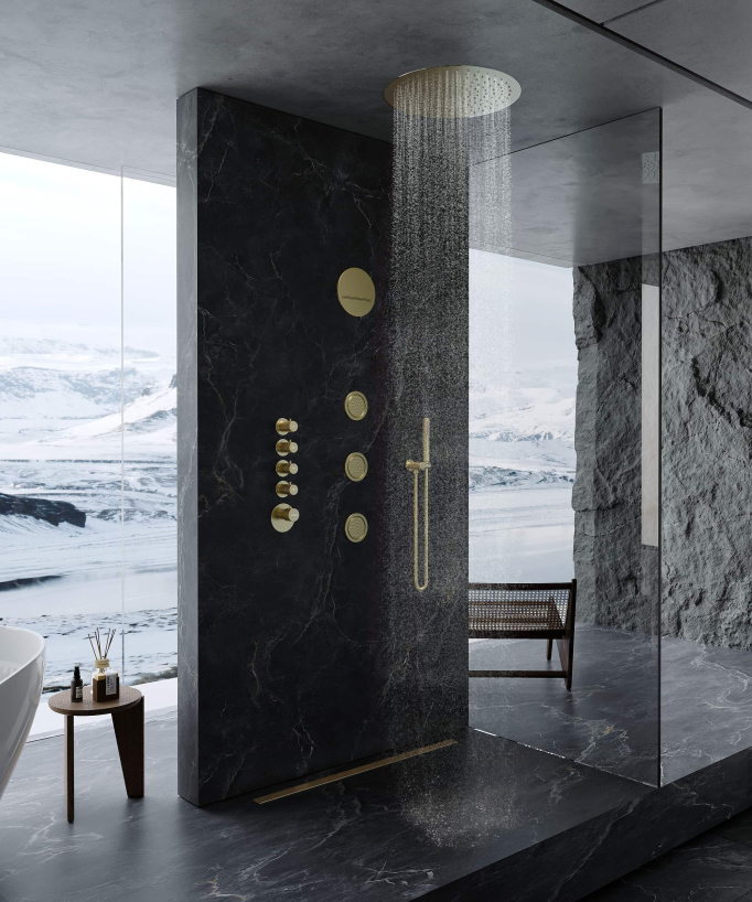 Round Thermostatic Rain Shower Set with Body Jets - Brushed Gold - Corbeau