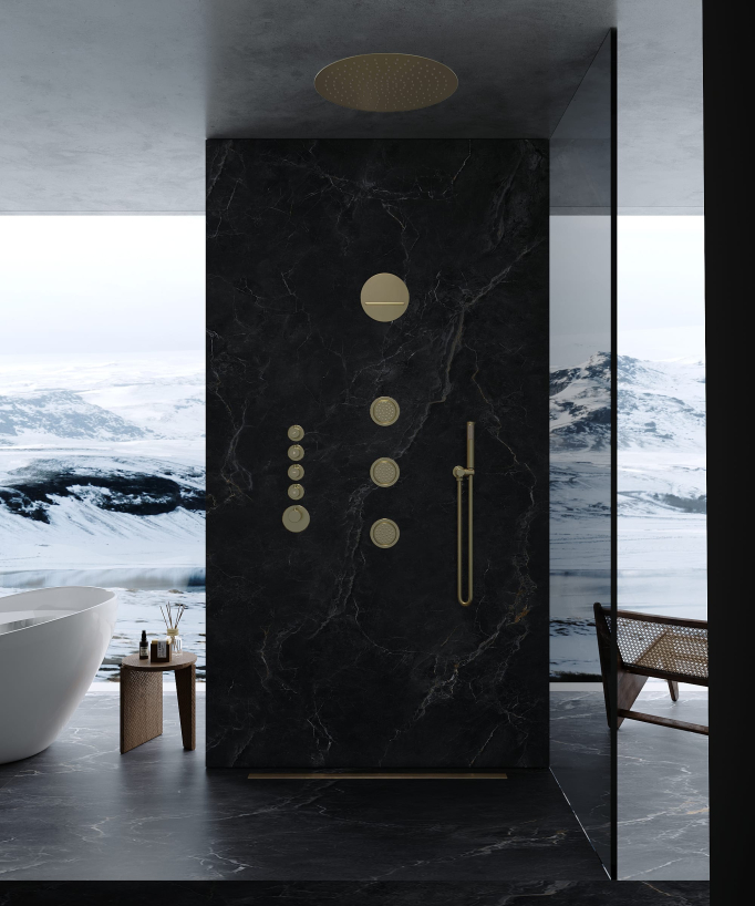 Round Thermostatic Rain Shower Set with Body Jets - Brushed Gold - Corbeau