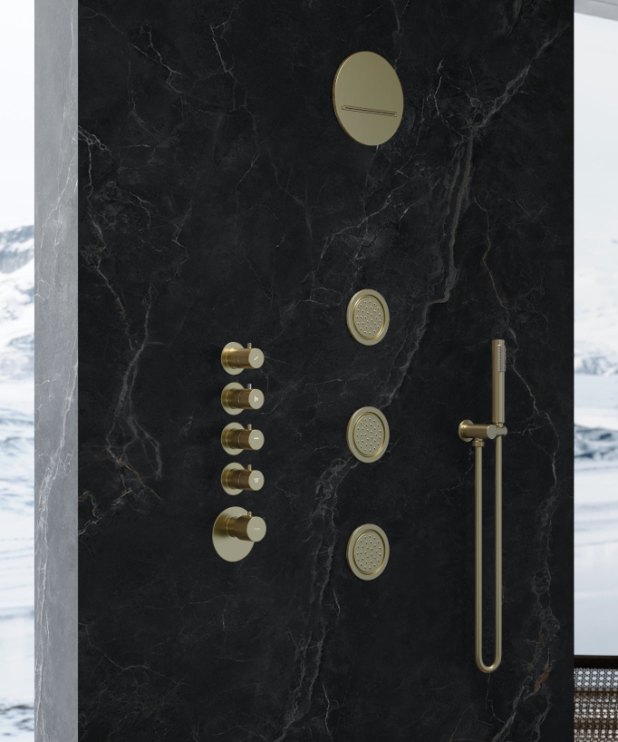 Round Thermostatic Rain Shower Set with Body Jets - Brushed Gold - Corbeau
